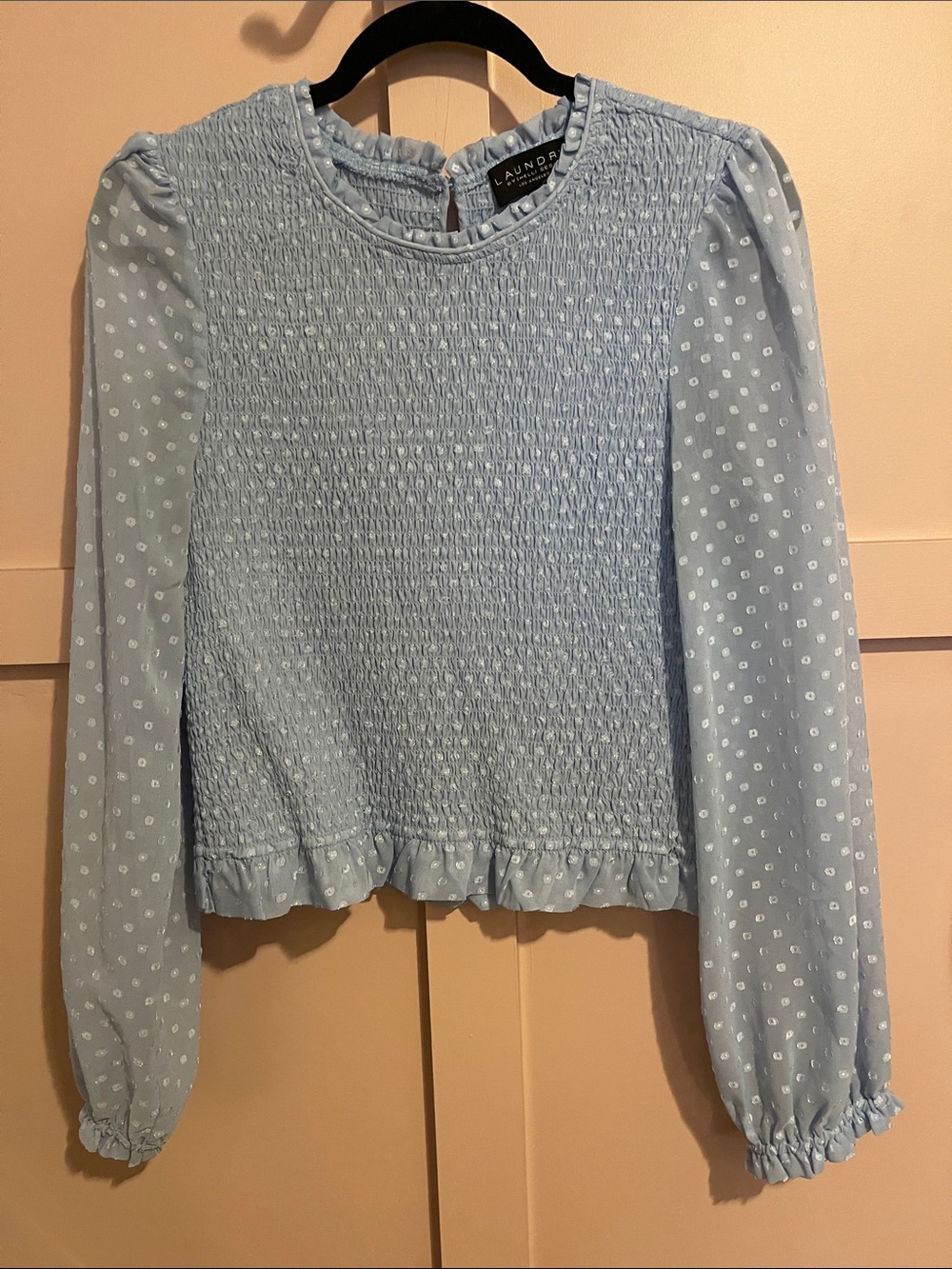 Light Blue Smocked Ruffle Hem Blouse